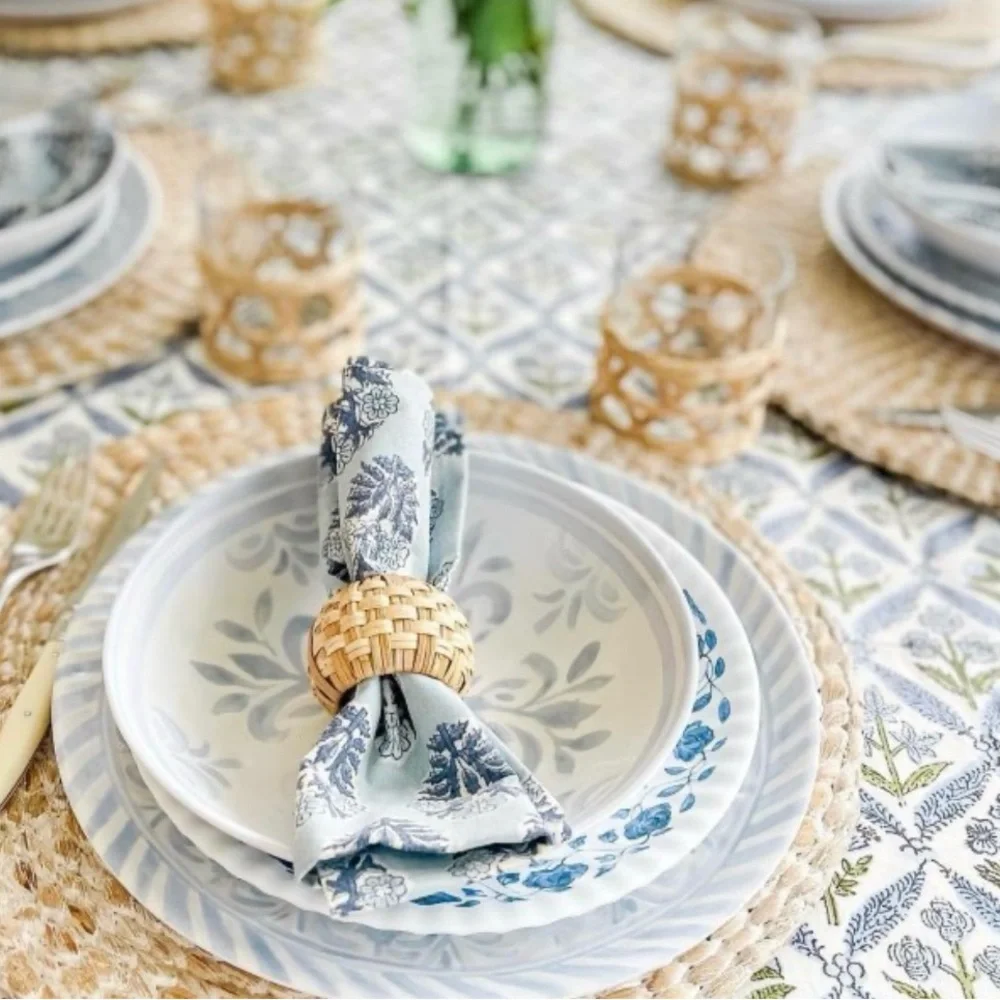 Pottery Barn Chambray Tile Stoneware Soup Bowls Blue and White 8